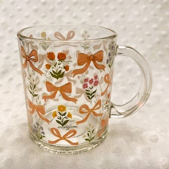 Bows & Flowers Clear 18oz Coffee Mug by Clementine, Goldtone Accents-NEW - Picture 1 of 7